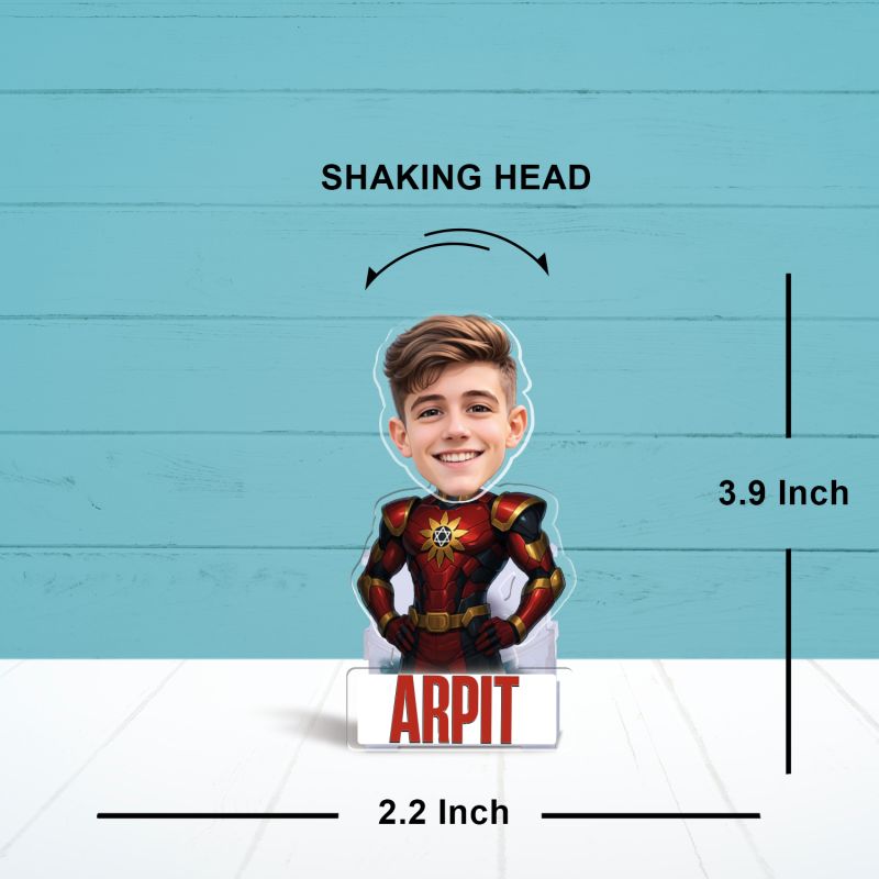 Personalized Cartoon Theme Funny Face Caricature Birthday Return Gift for Kids, Girls & Boys Solar Powered Moving Head for Car Dashboard & Table Decor (Shaktiman)